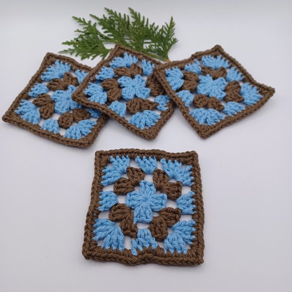 Handcrafted Cotton Coasters - Set of 4 - Blue and Brown - Picture 3 of 7
